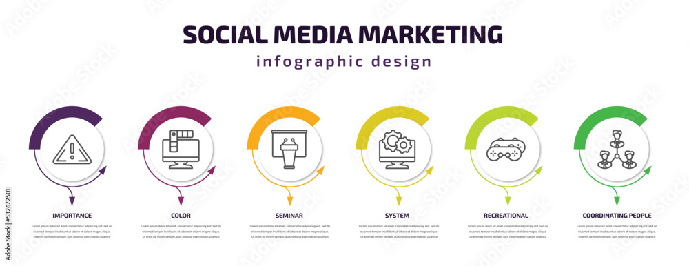 social media marketing infographic template with icons and 6 step or option. social media marketing icons such as importance, color, seminar, system, recreational, coordinating people vector. can be social media marketing infographic template with icons and 6 step or option. social media marketing icons such as importance, color, seminar, system, recreational, coordinating people vector. can be
