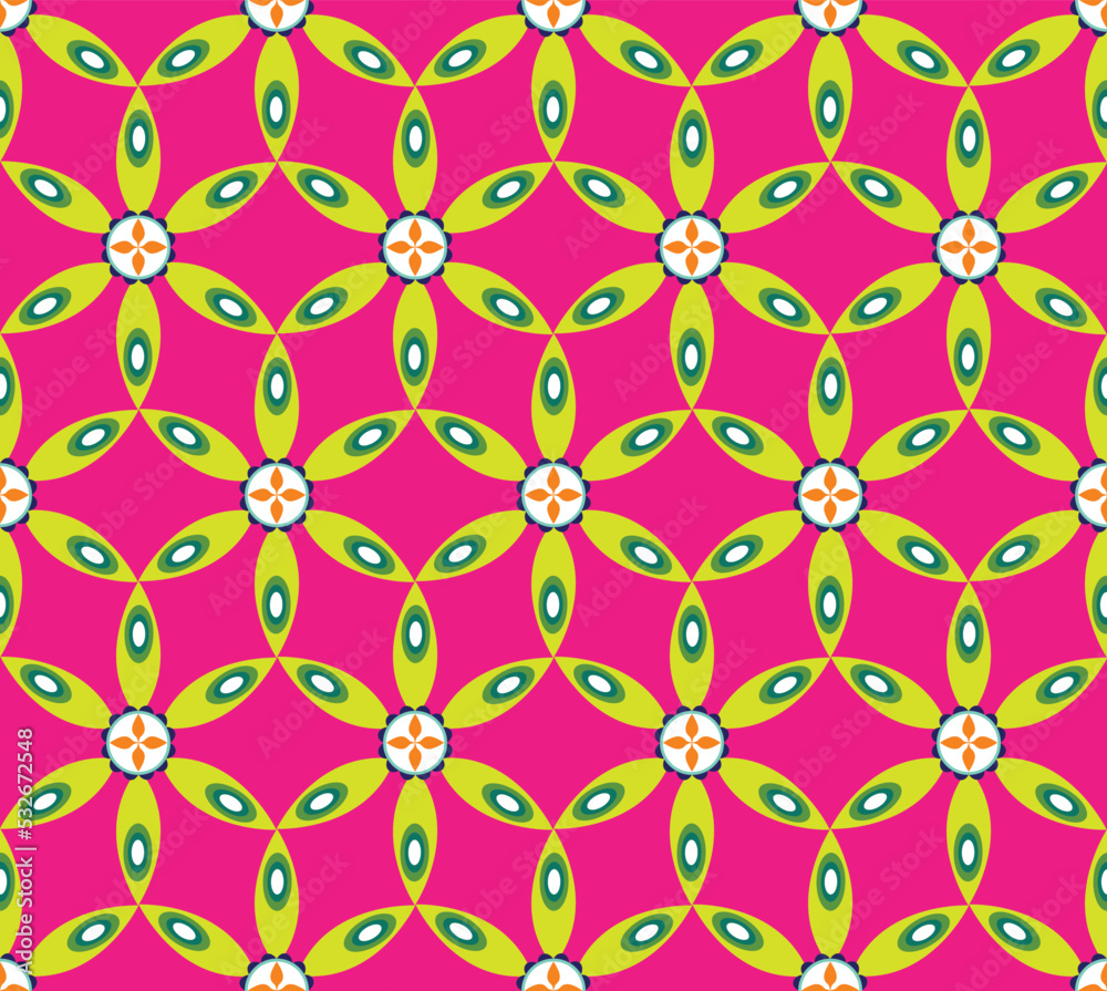 Naklejka premium Abstract Retro Geometric Floral Tile Style Seamless Pattern Trendy Fashion Colors Perfect for Allover Fabric Print or Wrapping Paper Elegant Minimal Art Design