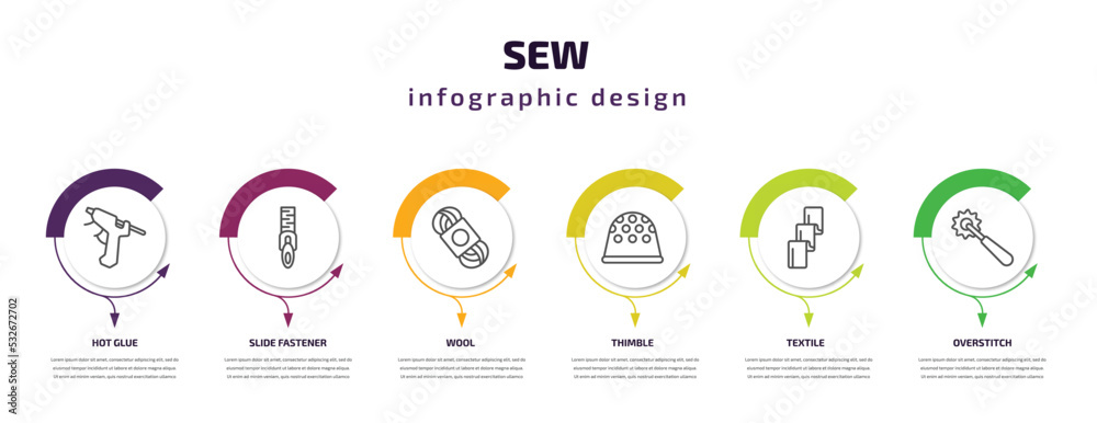 sew infographic template with icons and 6 step or option. sew icons such as hot glue, slide fastener, wool, thimble, textile, overstitch vector. can be used for banner, info graph, web, sew infographic template with icons and 6 step or option. sew icons such as hot glue, slide fastener, wool, thimble, textile, overstitch vector. can be used for banner, info graph, web,