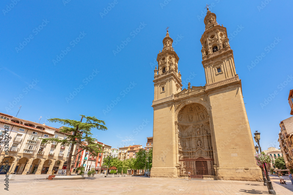 Logroño, Spain. 08.05.2022 Beautiful town square with a majestic cathedral. Santa María de la Redonda church  located in the very heart of the old town