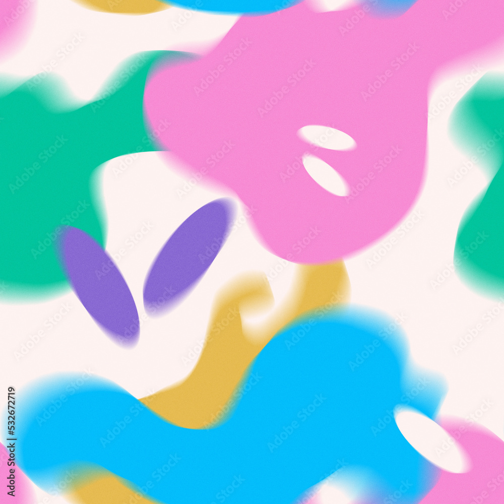 Abstract blurry shapes pattern. Modern colorful background with grainy texture. Noisy floating free shapes backdrop