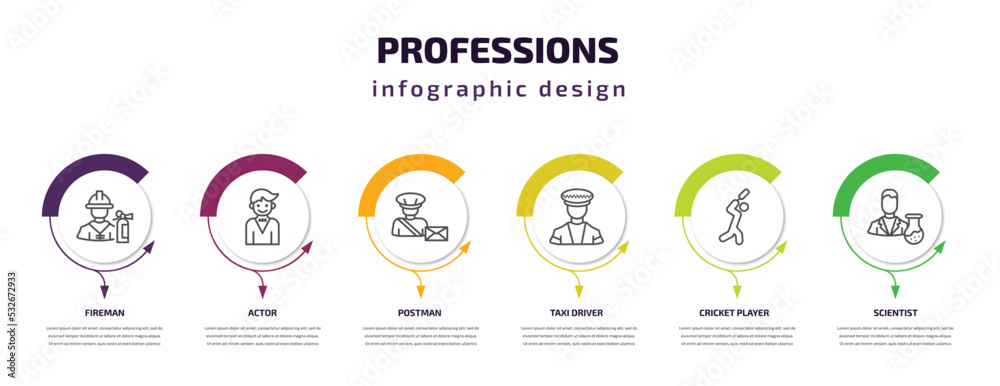professions infographic template with icons and 6 step or option. professions icons such as fireman, actor, postman, taxi driver, cricket player, scientist vector. can be used for banner, info