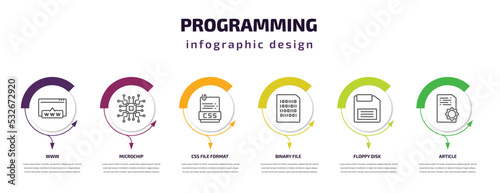 programming infographic template with icons and 6 step or option. programming icons such as www, microchip, css file format, binary file, floppy disk, article vector. can be used for banner, info