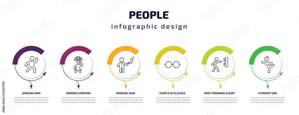 people infographic template with icons and 6 step or option. people icons such as dancing man, woman carrying, smoking man, couple of glasses, man throwing a dart, gymnast girl vector. can be used people infographic template with icons and 6 step or option. people icons such as dancing man, woman carrying, smoking man, couple of glasses, man throwing a dart, gymnast girl vector. can be used