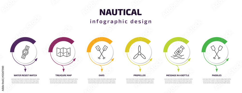 nautical infographic template with icons and 6 step or option. nautical icons such as water resist watch, treasure map, oars, propeller, message in a bottle, paddles vector. can be used for banner,
