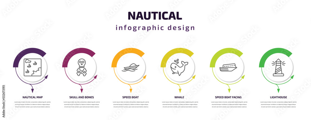 nautical infographic template with icons and 6 step or option. nautical icons such as nautical map, skull and bones, speed boat, whale, speed boat facing right, lighthouse vector. can be used for nautical infographic template with icons and 6 step or option. nautical icons such as nautical map, skull and bones, speed boat, whale, speed boat facing right, lighthouse vector. can be used for
