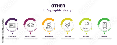 other infographic template with icons and 6 step or option. other icons such as demostration, vintage eyeglasses, araba woman, chichen hen, milestone, small shelf vector. can be used for banner,