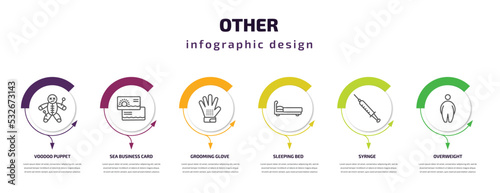 other infographic template with icons and 6 step or option. other icons such as voodoo puppet, sea business card, grooming glove, sleeping bed, syrnge, overweight vector. can be used for banner,