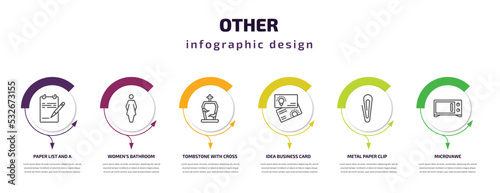 other infographic template with icons and 6 step or option. other icons such as paper list and a pencil, women's bathroom, tombstone with cross, idea business card, metal paper clip, microvawe photo