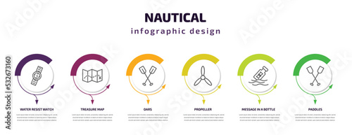 nautical infographic template with icons and 6 step or option. nautical icons such as water resist watch, treasure map, oars, propeller, message in a bottle, paddles vector. can be used for banner,