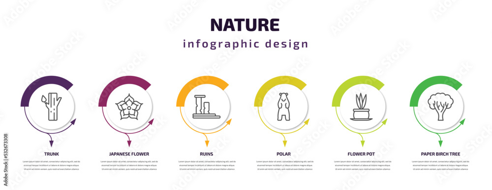 nature infographic template with icons and 6 step or option. nature icons such as trunk, japanese flower, ruins, polar, flower pot, paper birch tree vector. can be used for banner, info graph, web, nature infographic template with icons and 6 step or option. nature icons such as trunk, japanese flower, ruins, polar, flower pot, paper birch tree vector. can be used for banner, info graph, web,