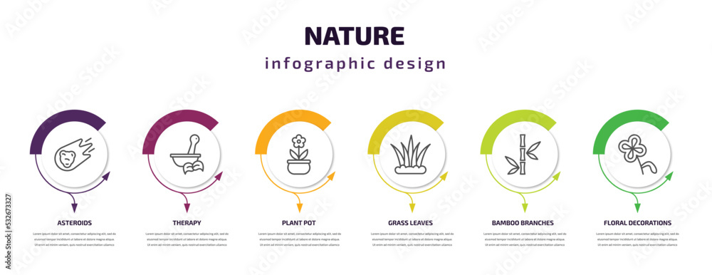 nature infographic template with icons and 6 step or option. nature icons such as asteroids, therapy, plant pot, grass leaves, bamboo branches, floral decorations vector. can be used for banner, nature infographic template with icons and 6 step or option. nature icons such as asteroids, therapy, plant pot, grass leaves, bamboo branches, floral decorations vector. can be used for banner,