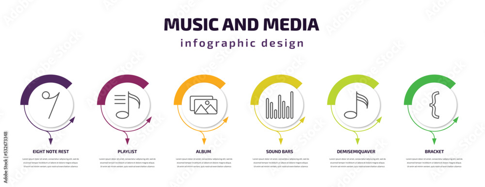 Fototapeta premium music and media infographic template with icons and 6 step or option. music and media icons such as eight note rest, playlist, album, sound bars, demisemiquaver, bracket vector. can be used for