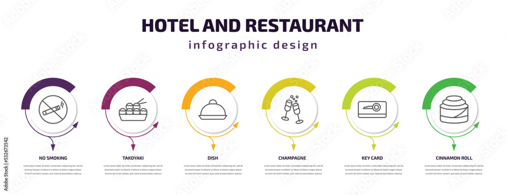 Fototapeta premium hotel and restaurant infographic template with icons and 6 step or option. hotel and restaurant icons such as no smoking, takoyaki, dish, champagne, key card, cinnamon roll vector. can be used for