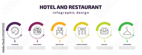 hotel and restaurant infographic template with icons and 6 step or option. hotel and restaurant icons such as 24 service, no pictures, nightstand, eating utensils, dim sum, checkroom vector. can be