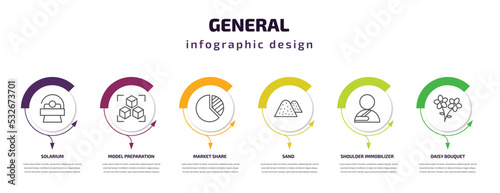 general infographic template with icons and 6 step or option. general icons such as solarium, model preparation, market share, sand, shoulder immobilizer, daisy bouquet vector. can be used for