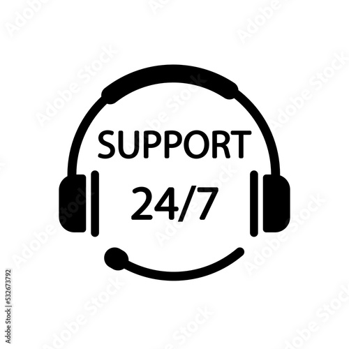 Support 24 hours flat icon. Call center support symbol with headphone