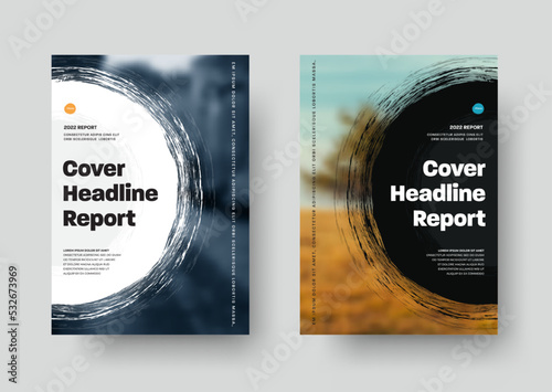 Cover template for report, book, brochure or flyer. Black and white business design with round grunge elements and photo space. Vector illustration