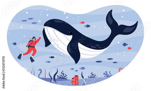Flat Drawing Of A Diver And Whale