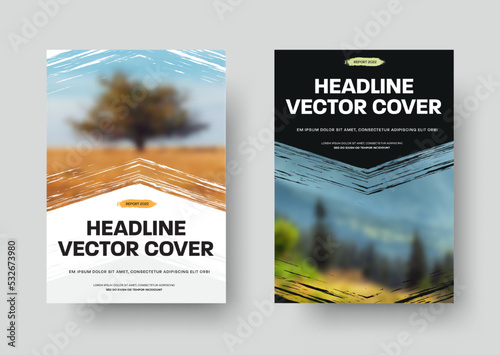 Vector black and white cover template with grunge photo arrow element. Design for report, brochure or flyer. Set