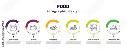 food infographic template with icons and 6 step or option. food icons such as double burger, mexican, noodle soup, chow mein, recycling bottles, covered food tray vector. can be used for banner,