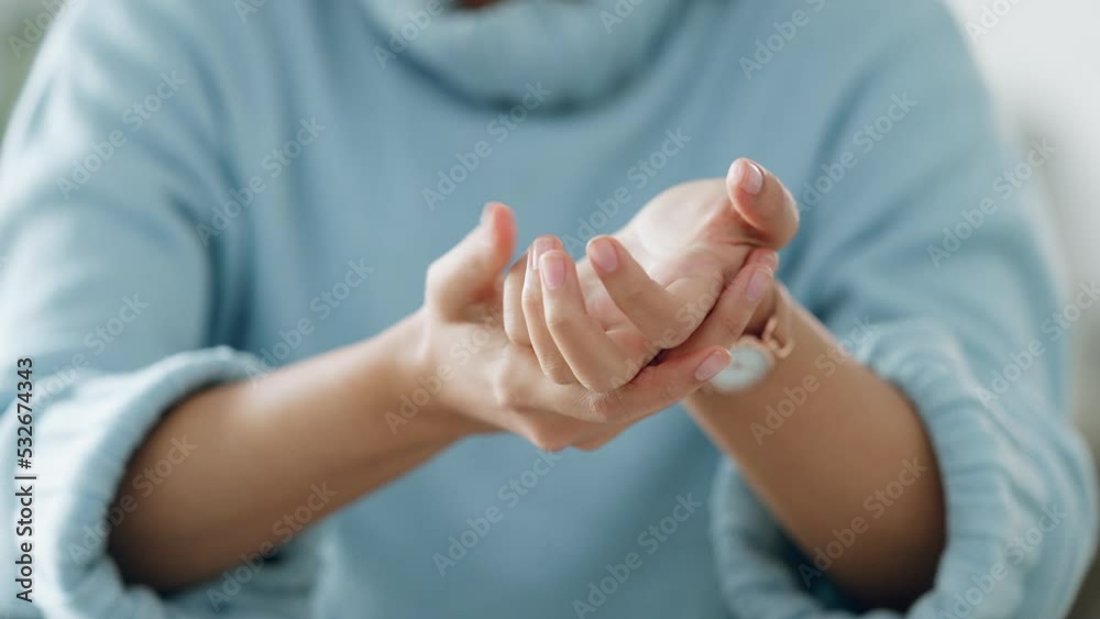 Hands, fingers and knuckle cracking of woman with carpal tunnel, wrist pain and arthritis. Stress, anxiety and person stretching, click and press muscle joint pain, osteoporosis and health disability