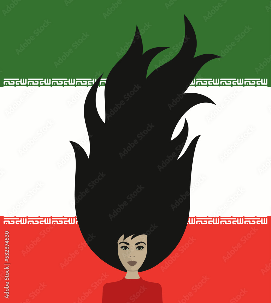 Iranian women protest against hijab, equal rights, woman free her hair in the air illustration - obrazy, fototapety, plakaty 