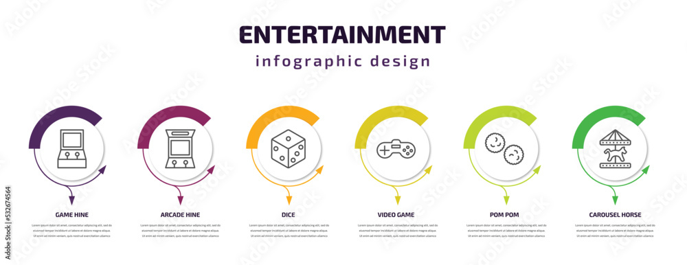 entertainment infographic template with icons and 6 step or option. entertainment icons such as game hine, arcade hine, dice, video game, pom pom, carousel horse vector. can be used for banner, info