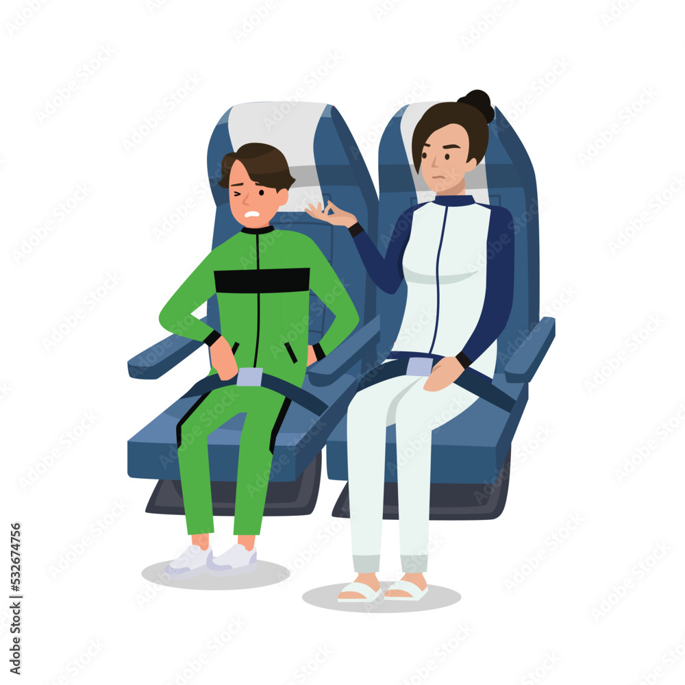 Sport coach and her athlete communicating in a plane seat. Positive communication of multinational friends. People conversation. Flat vector illustration isolated on white background