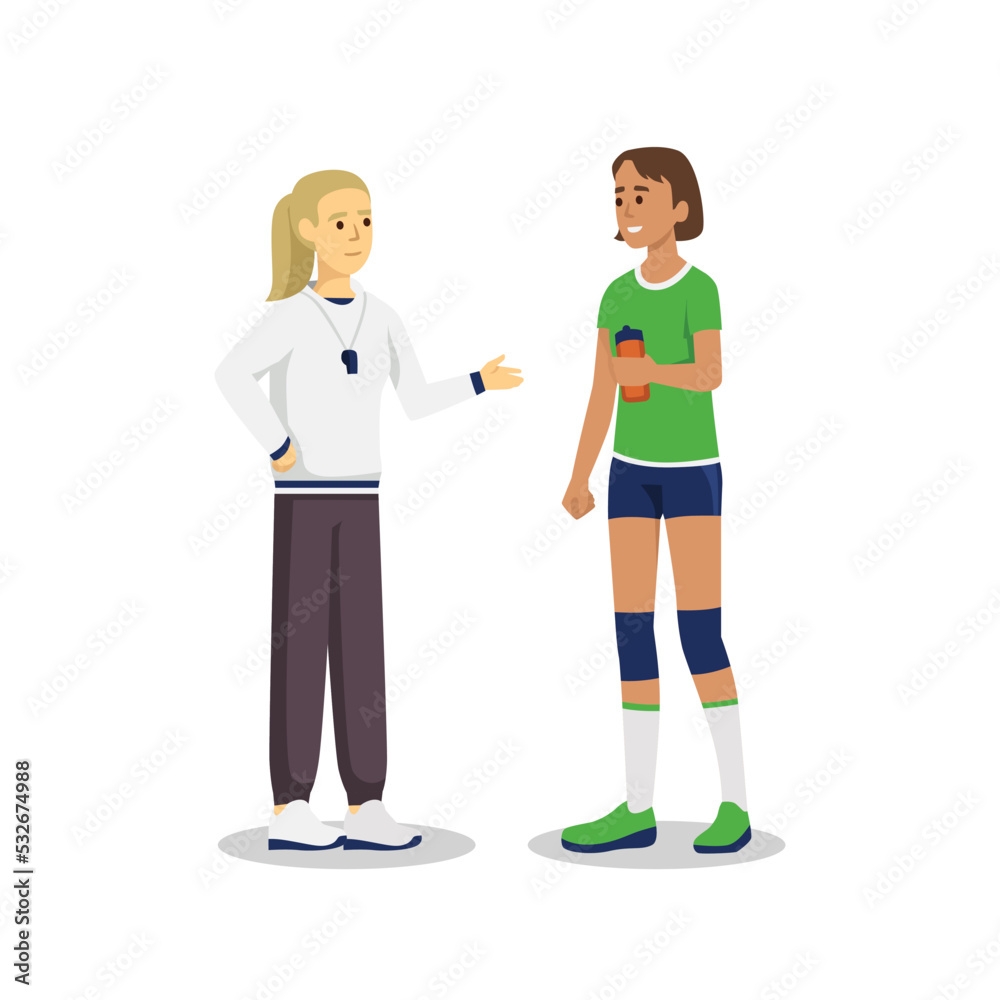 Volley coach and girl athlete communicating. Positive communication of multinational friends. People conversation. Flat vector illustration isolated on white background