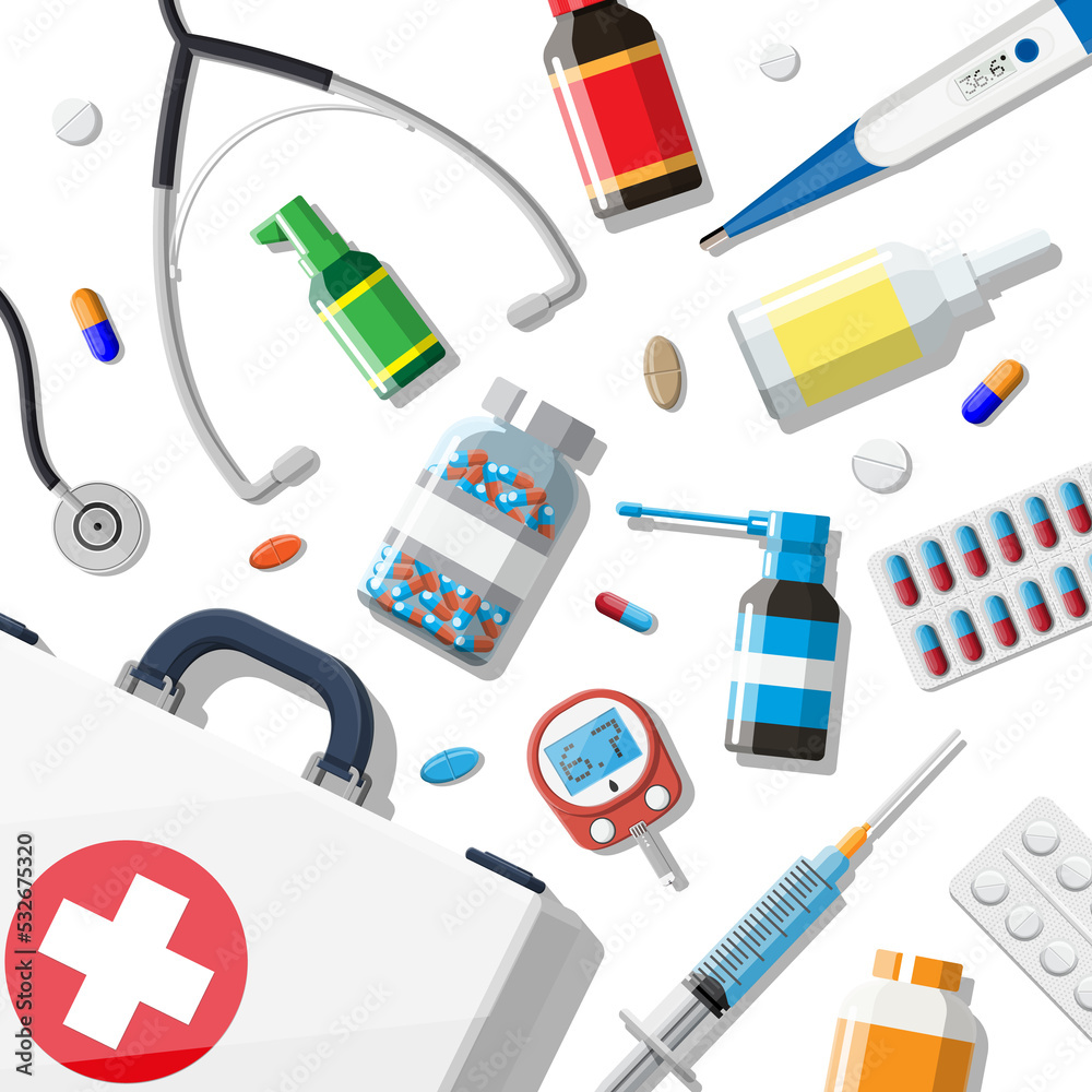 Medical first aid kit with different pills devices Medical first aid kit with different pills devices