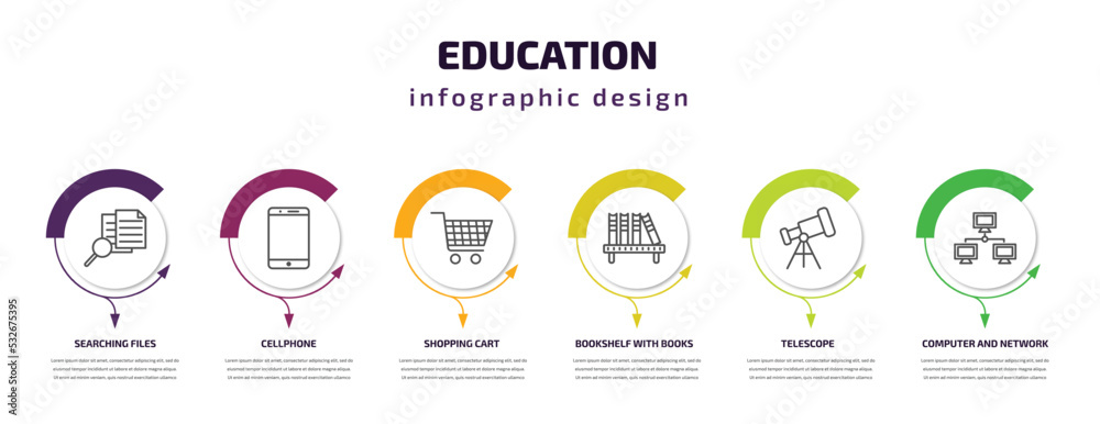 education infographic template with icons and 6 step or option. education icons such as searching files, cellphone, shopping cart, bookshelf with books, telescope, computer and network vector. can