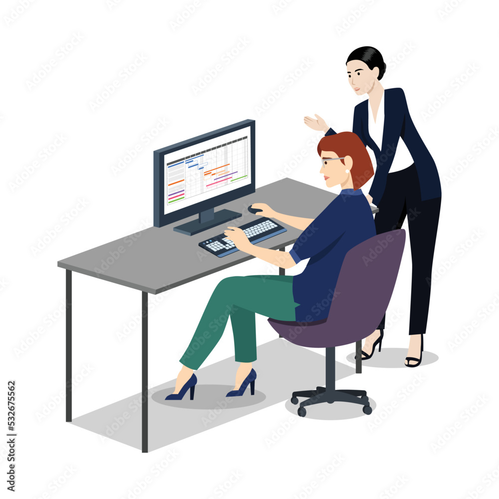 Female boss and her employe communicating. Positive communication of multinational friends. People conversation. Flat vector illustration isolated on white background Female boss and her employe communicating. Positive communication of multinational friends. People conversation. Flat vector illustration isolated on white background