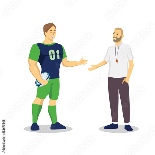 American football coach and his athlete communicating. Positive communication of multinational friends. People conversation. Flat vector illustration isolated on white background