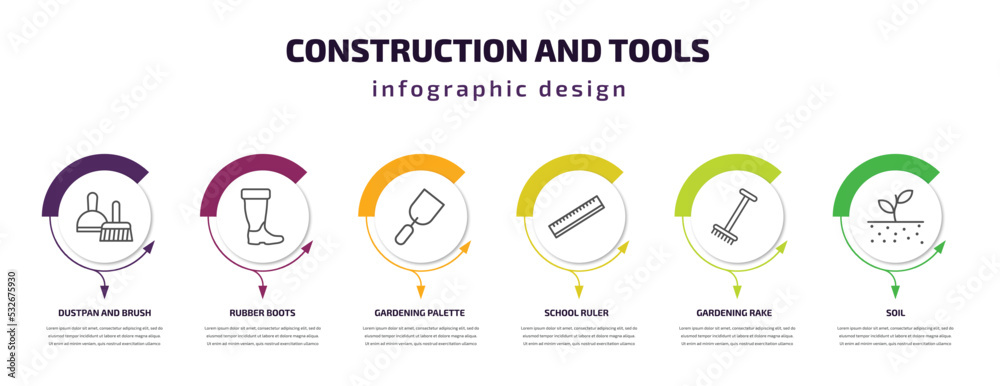 construction and tools infographic template with icons and 6 step or option. construction and tools icons such as dustpan brush, rubber boots, gardening palette, school ruler, gardening rake, soil
