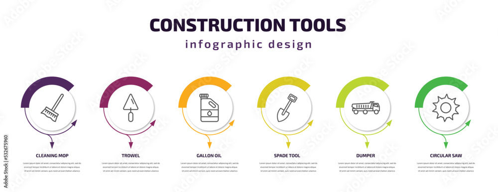 construction tools infographic template with icons and 6 step or option. construction tools icons such as cleaning mop, trowel, gallon oil, spade tool, dumper, circular saw vector. can be used for