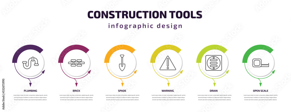 construction tools infographic template with icons and 6 step or option. construction tools icons such as plumbing, brick, spade, warning, drain, open scale vector. can be used for banner, info