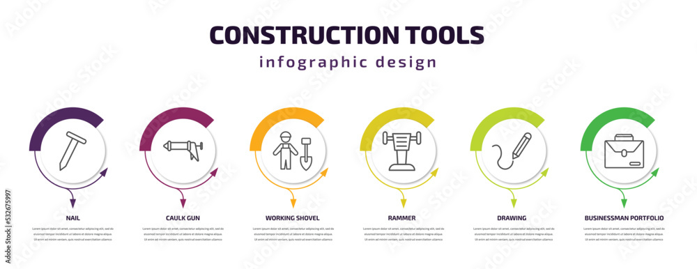 Fototapeta premium construction tools infographic template with icons and 6 step or option. construction tools icons such as nail, caulk gun, working shovel, rammer, drawing, businessman portfolio vector. can be used