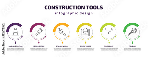 construction tools infographic template with icons and 6 step or option. construction tools icons such as road construction, scratcher tool, stillson wrench, cement mixers, paint roller, polishers