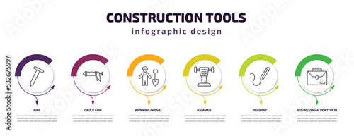construction tools infographic template with icons and 6 step or option. construction tools icons such as nail, caulk gun, working shovel, rammer, drawing, businessman portfolio vector. can be used