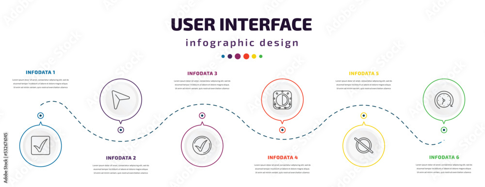 user interface infographic element with icons and 6 step or option. user interface icons such as check square, cursor, checked, birghtness, forbbiden, history vector. can be used for banner, info user interface infographic element with icons and 6 step or option. user interface icons such as check square, cursor, checked, birghtness, forbbiden, history vector. can be used for banner, info