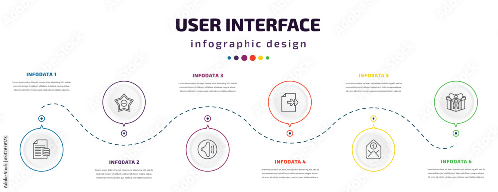 user interface infographic element with icons and 6 step or option. user interface icons such as data analytics content, favourite, medium volume, next page, envelope, giftbox vector. can be used user interface infographic element with icons and 6 step or option. user interface icons such as data analytics content, favourite, medium volume, next page, envelope, giftbox vector. can be used