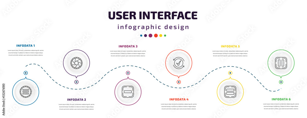 user interface infographic element with icons and 6 step or option. user interface icons such as side menu, shutter, subtraction, activated, equal, pause vector. can be used for banner, info graph,