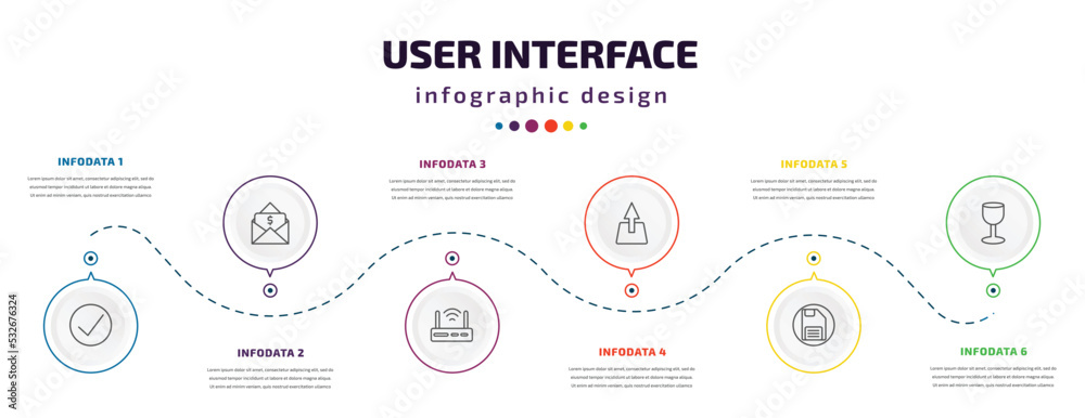 user interface infographic element with icons and 6 step or option. user interface icons such as check box, dollars in a mail, internet modem, uploading from drive, floppy disk save button, glass user interface infographic element with icons and 6 step or option. user interface icons such as check box, dollars in a mail, internet modem, uploading from drive, floppy disk save button, glass