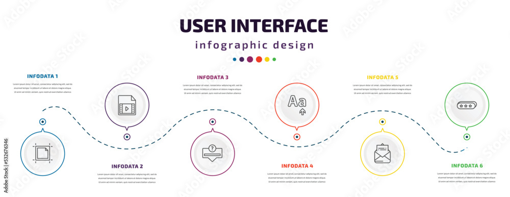 user interface infographic element with icons and 6 step or option. user interface icons such as artboard, video file, question button, letter size, open envelope, 3d bars vector. can be used for