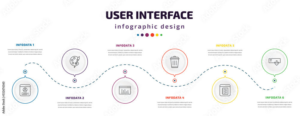 user interface infographic element with icons and 6 step or option. user interface icons such as accounts, painter palette, window graphic, trash bin, note blog, text out vector. can be used for
