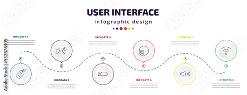 user interface infographic element with icons and 6 step or option. user interface icons such as shopping label, new email envelope, battery medium charge, percentage chart, round volume button,