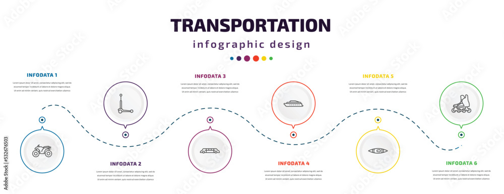 transportation infographic element with icons and 6 step or option. transportation icons such as quad, micro scooter, limousine, ferry boat, kayak, inline skates vector. can be used for banner, info transportation infographic element with icons and 6 step or option. transportation icons such as quad, micro scooter, limousine, ferry boat, kayak, inline skates vector. can be used for banner, info