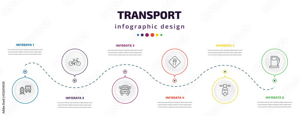 transport infographic element with icons and 6 step or option. transport icons such as public transportation, bikes, school bus empty, slippy road, motorbike, petrol station vector. can be used for