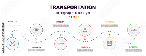 transportation infographic element with icons and 6 step or option. transportation icons such as rowing, eco-friendly transport, cabriolet, chairlift, train in a tunnel, flatbed lorry vector. can be